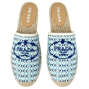 Prada Blue‎ Embroidered Logo Pattern Espadrille Slides Size 38